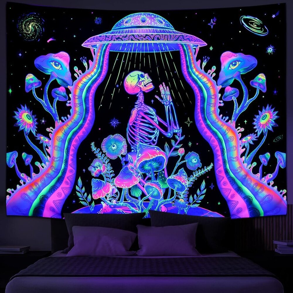 Blacklight Skeleton Tapestry Fantasy Plant Floral Tapestries UV Reactive Alien U
